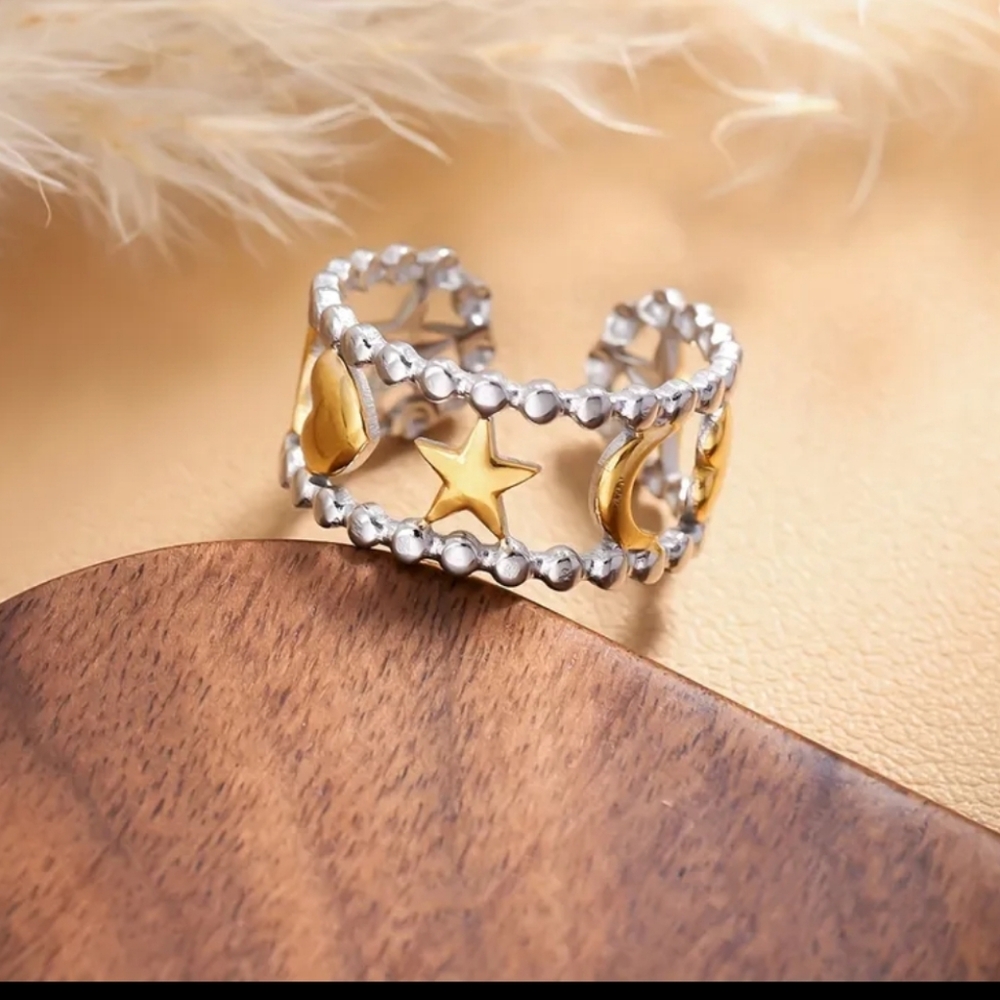 New Stainless Steel Open Star & Moon Ring – Two-Tone Beaded Edge, Vintage Style